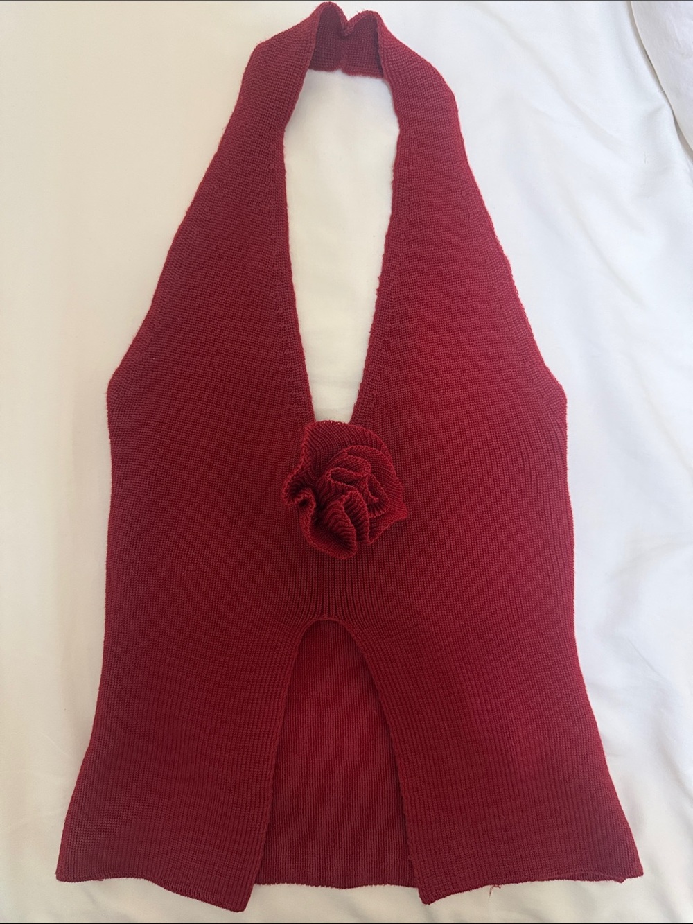 Dark red rib-knit halter neck top tank Y2K.